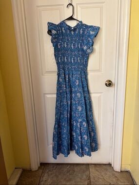 Blue Floral Maxi Dress with Smocked Bodice